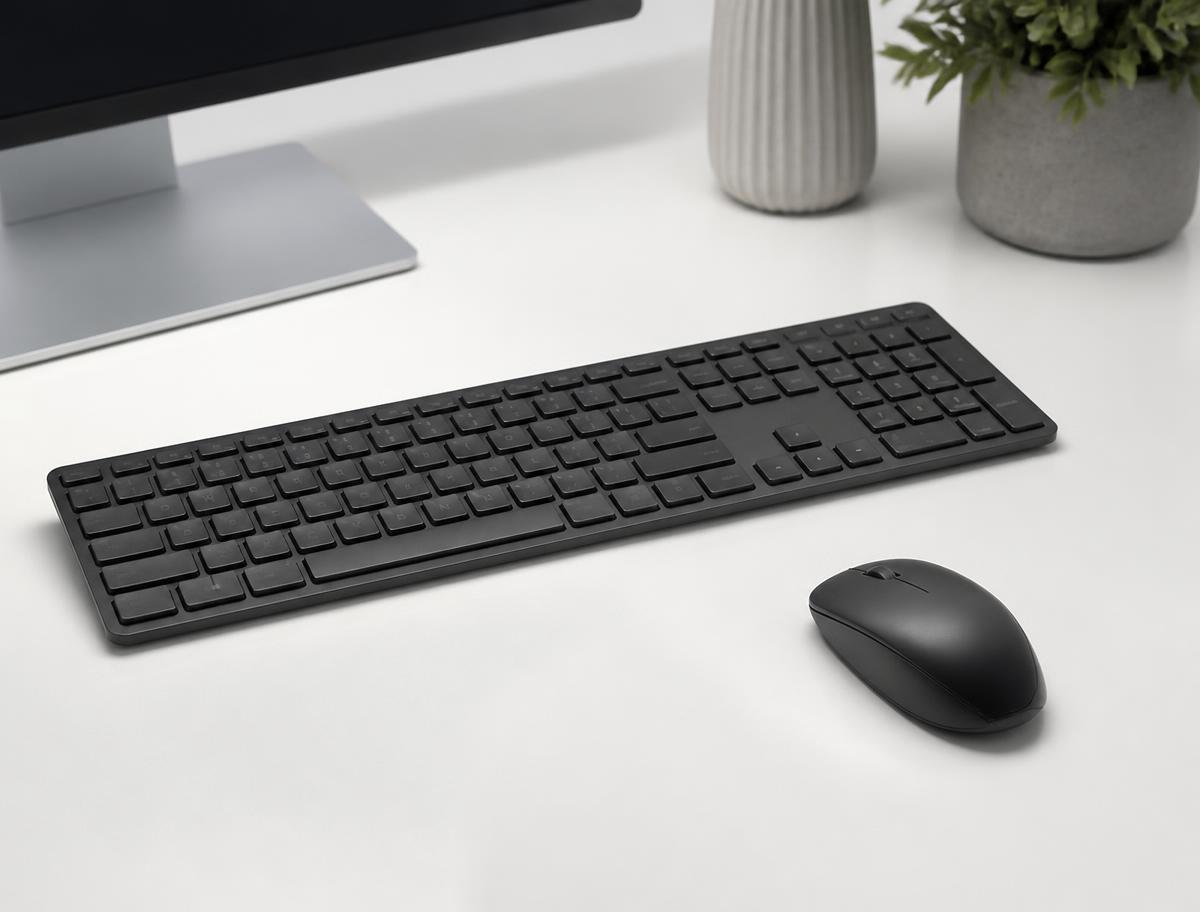 Keyboard and computer mouse on a clean white office desk