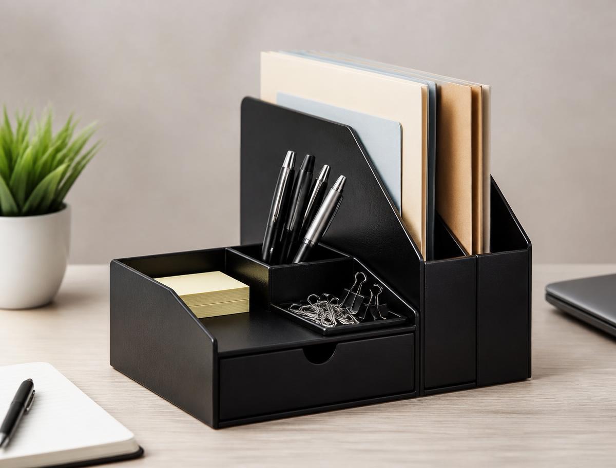 Black desk organizer holding pens, clips and document folders