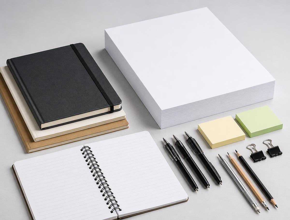 Office paper, notebooks, pens and pencils arranged on a light surface