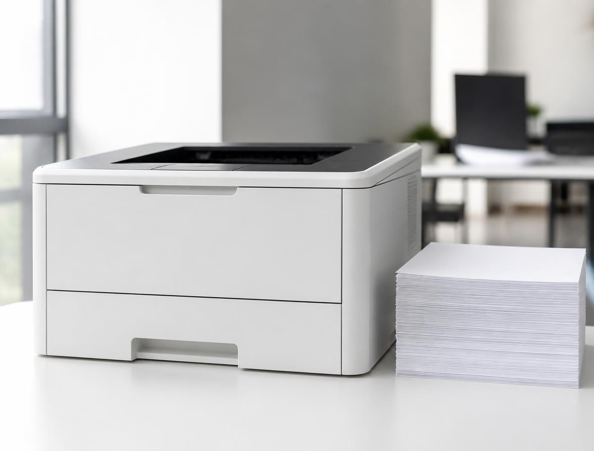 Office printer beside a stack of white printer paper
