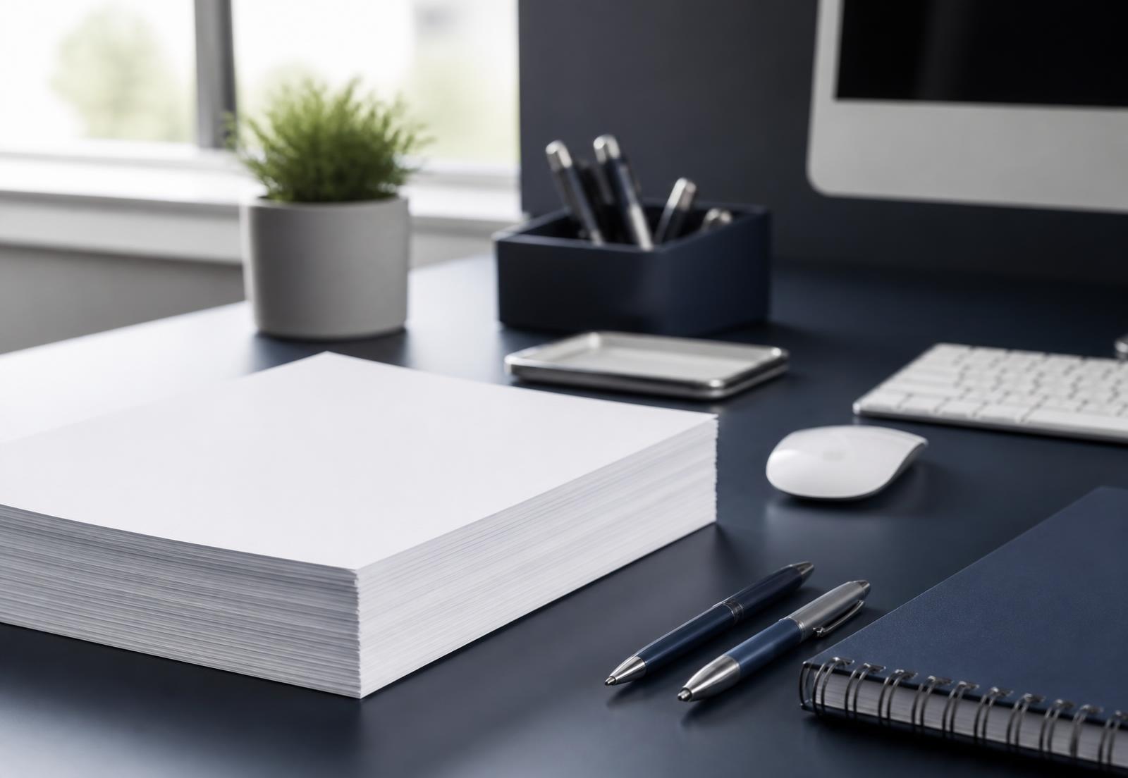 Professional office desk with copy paper, pens, a notebook, keyboard, mouse and desk organizer
