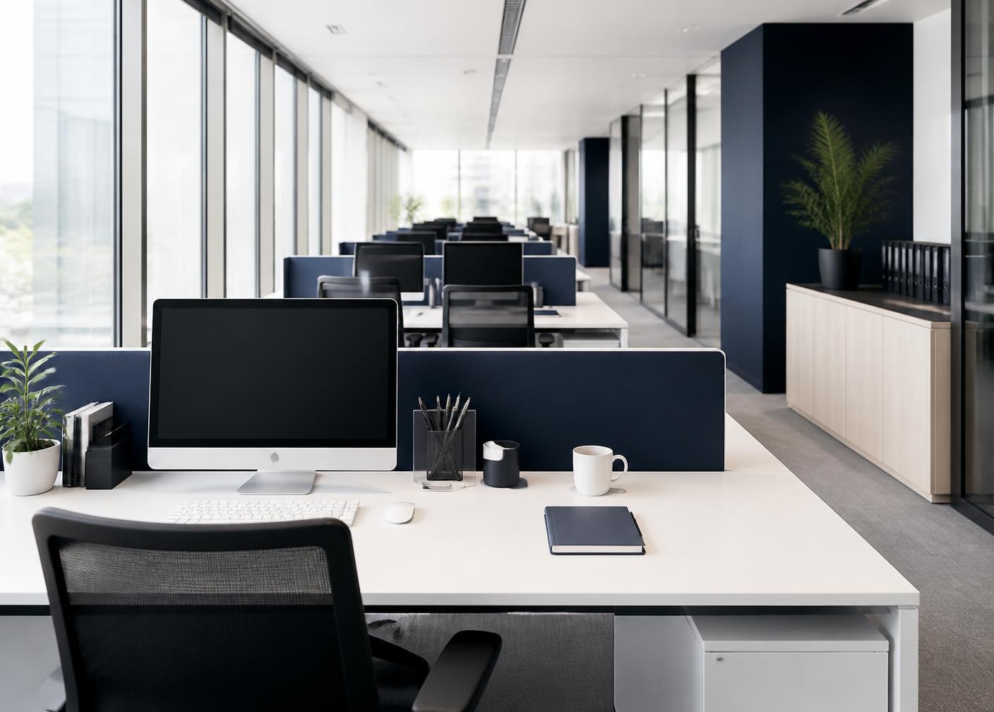 Bright modern office workspace with desks, monitors, notebooks and stationery