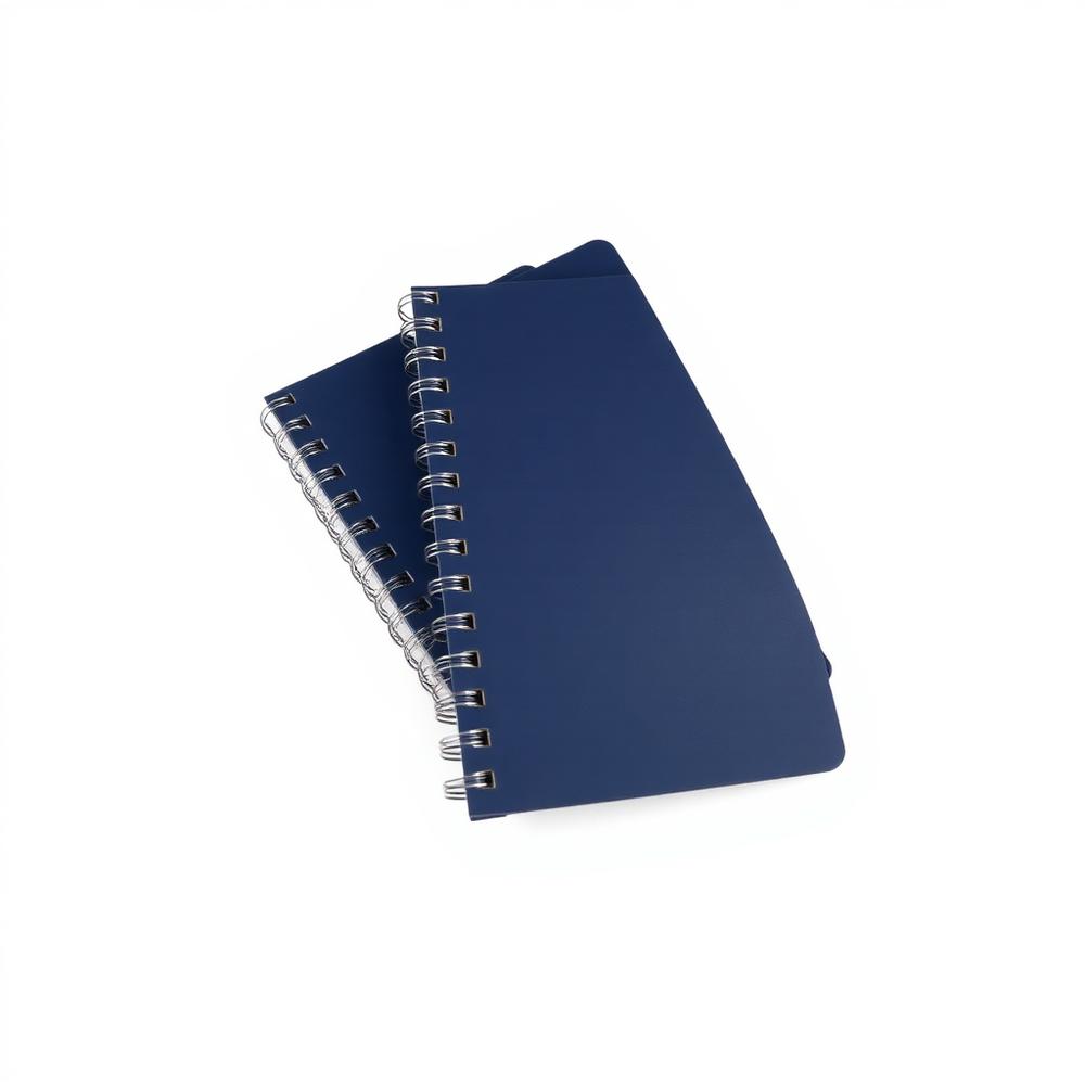 Navy spiral-bound office notebook on a white background