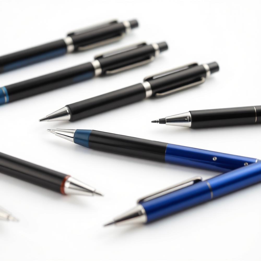 Black and blue professional ballpoint pens on a white background